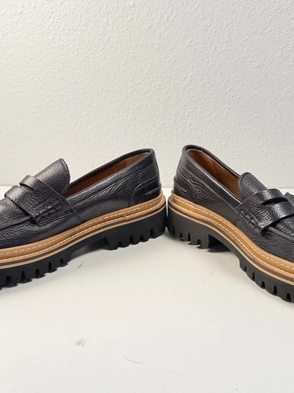 TAFT Mens Black Leather Penny Loafers Size 11 Chunky Lug Sole Made in Spain